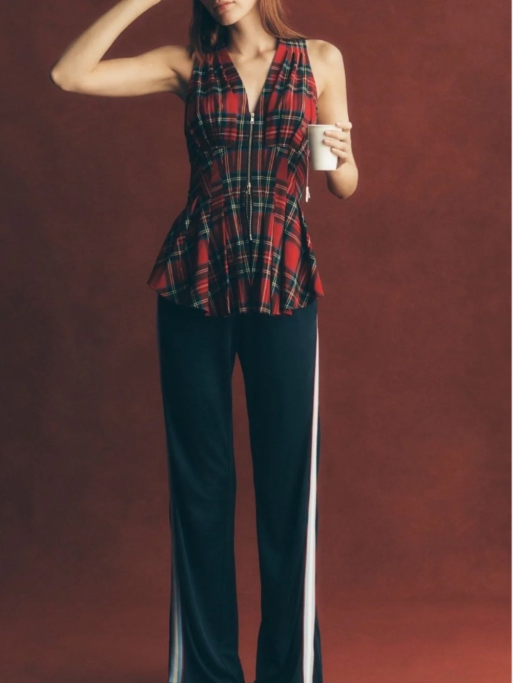 Anthropologie MAEVE Waisted Zip-Front Sleeveless Top In Red Plaid